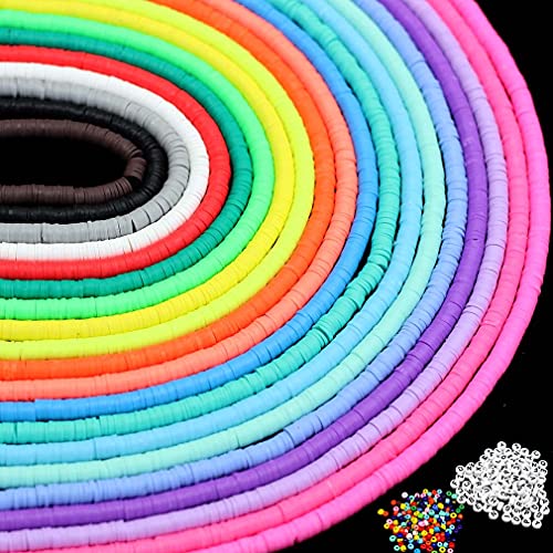Clay Beads 20 Strands Vinyl Chip Disc Flat Round Loose Handmade Polymer Fimo Spacer Beads Mutilcolor DIY for Jewelry Making Necklace Bracelet Earring (6mm 7600Pcs + 420Pcs Accessories) - color: Mutilcolor 03
