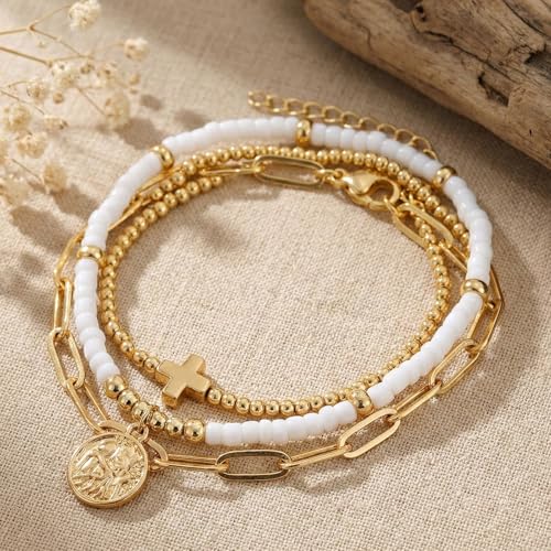 Christian Cross Jesus Pendant Charm Gold Rope String Beaded Bracelets Stack Set for Women,Handmade Bohemian Colorful Adjustable Jewelry,God Lucky Protection Friendship Gift - color: White Ball