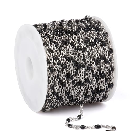 33 Feet Stainless Steel Enamel Chains Bulk, 2mm 304 Stainless Steel Black Enamel Beaded Cable Link Chain Roll Spool for Jewelry Making - color: Stainless Steel Black Beads