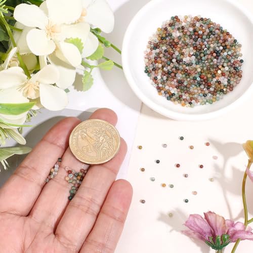 1 Box 652pcs 4 Strands Indian Agate Round Beads Colorful Gemstone Mixed Color Polished Moss Spacer Loose Stone Rondelle Bead Strand for Jewelry Making Bracelet Necklace DIY Craft Supply