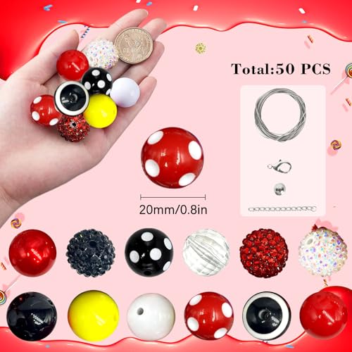 50Pcs Black Red Chunky Bubblegum Beads for Adult DIY Beadable Pens Bracelets Necklaces Pearl Beaded Craft Graduation Jewelry Making - color: Black+Red