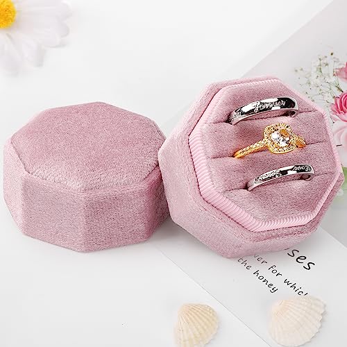 Velvet Ring Box 3 Slots, Premium Jewelry Ring Storage Gift Box Vintage Ring Display Holder Case for wedding ceremony Proposal Engagement (Pink) - color: Pink
