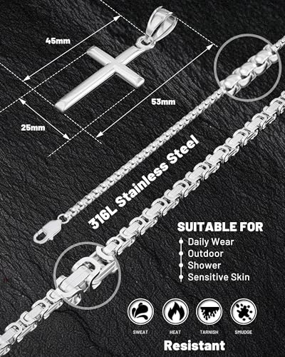Exquisite Cross Necklace for Men and Women, Silver/Gold/Black Cross Chain with Top-grade 316L Stainless Steel Cross Pendant, 18-24 Inch Box/Byzantine Chains - color: Mystic Black, size: 18 Inch=46CM(Women's Average Length), style: Box Chain with Medium Pe