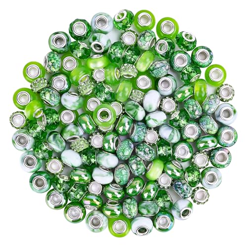 120pcs European Large Hole Beads, Assortments Charm Lampwork Murano Spacer Craft Beads for DIY Charms Bracelet Necklace Earring Jewelry Making Supplies(Green) - color: Green
