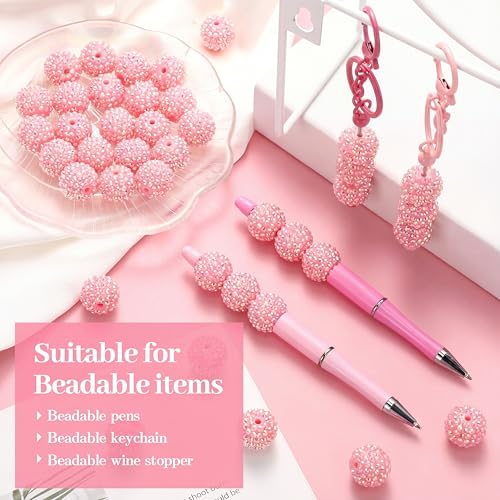 40 Pcs 20 mm Rhinestone Beads Bulk Crystal Round Disco Ball Chunky Bubblegum Beads for Pens Bracelets Charms Craft European Style Jewelry Making Supplies Christmas(Pink) - color: Pink