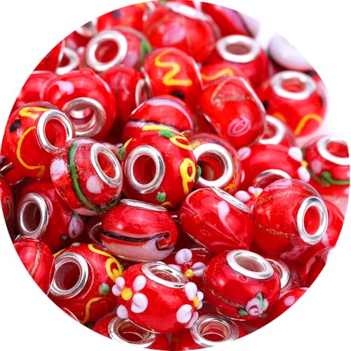 AIPRIDY 50Pcs 15x11mm Murano Large Hole Glass Beads with Silver Brass Cores European Beads for Jewelry Making (Red) - color: Red