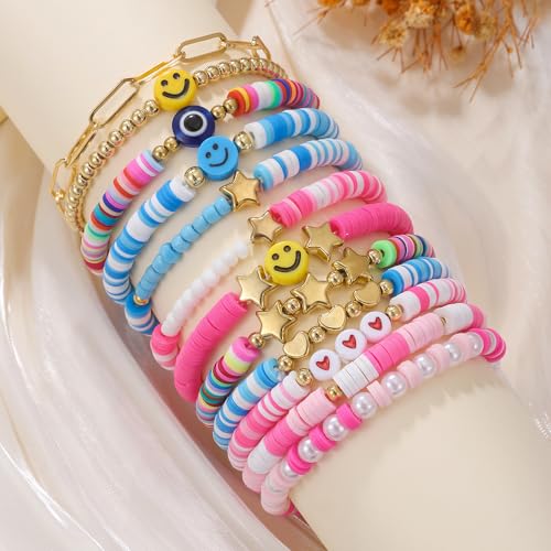 Friendship Bracelets Boho Stackable Bracelets for Women Surfer Heishi Clay Bead Bracelets Stretch Preppy Bracelets Colorful Boho Bracelets for Women - color: 13pcs Blue Pink