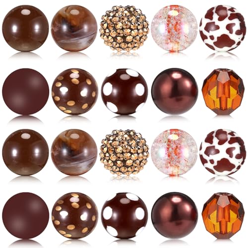 Ferreve 20 Pcs Chunky Bubblegum Beads 20mm Focal Pen Large Rhinestone Pearl Beads for DIY Beadable Pen School Jewelry Making Keychain Craft Making(Brown) - color: Brown