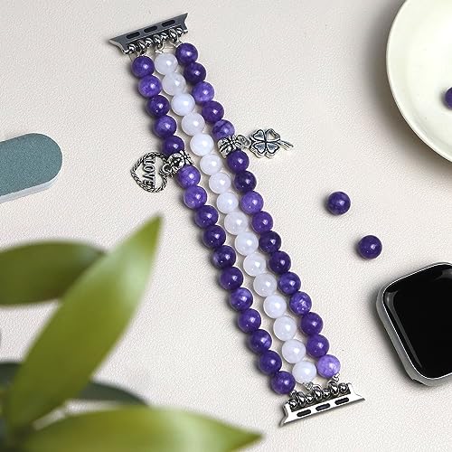 Newlibery Natural Stone Bracelet Beaded-Band Women Compatible with Apple Watch 42mm(S3/2/1) 44/45/46/49mm Feminine Handmade Stretch Strap for iWatch Series 11/10/9/8/7/6/5/4/3/2/1 SE 3/2/1 Ultra1/2/3 - color: A4 Amethyst Quartz, size: 46(S10/11)/49/45/44/