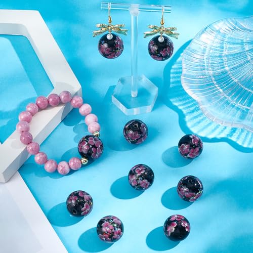 1 Box 10PCS 19~20MM Lampwork Flower Glass Beads with Holes Pink Black Large Inner Flowers Printed Round Handmade Crystal Vintage Spacer Bead for Jewelry Making Necklaces DIY Craft Supply - color: Pink