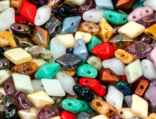 160+ pcs DIAMONDUO glass two-hole beads rhombus gemduo, approx. 0.2 x 0.3 inches (5x8mm), 0.88oz = 25 g, Color Mix - color: DiamonDuo Mix