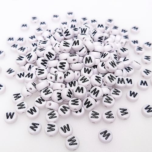 200+ Pieces 4x7mm Single W Letter Beads for Jewelry Making, White Round Acrylic Bulk Alphabet (Black on White) - size: Single letter W 200+ Pcs