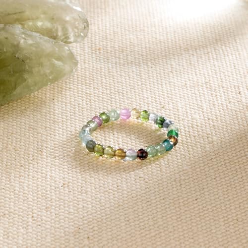 NLIEO Natural Gemstone Stretch Beaded Rings for Women Stackable Dainty Elastic Crystal Rings Jewelry - style: Tourmaline