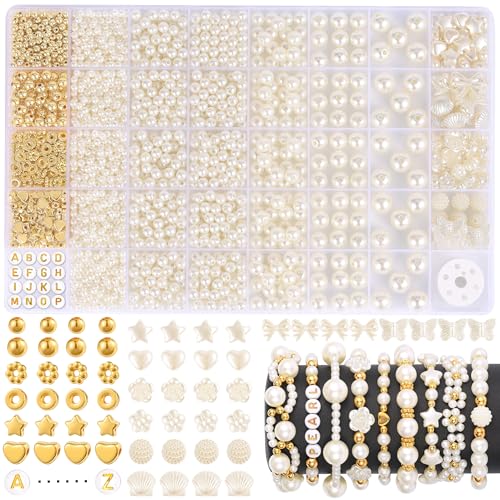 Funtopia 1860pcs Pearl Beads for Jewelry Making, 5 Sizes Round Pearls Bracelet Making Kit, Pearl Beads with Gold Spacer Bead Letter Star Heart Bow Bead for Necklaces Earrings DIY Crafts - color: 1.White