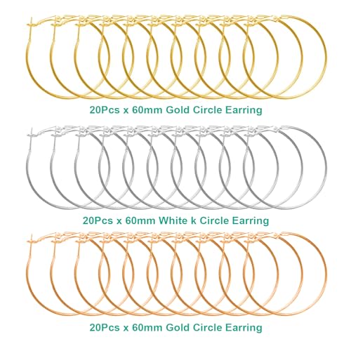 60Pcs Hoop Earring Findings Stainless Steel Earrings Beading Round Earrings Open Beading Hoop for Jewelry Making DIY Crafts Art Creation (60mm) - color: 60mm