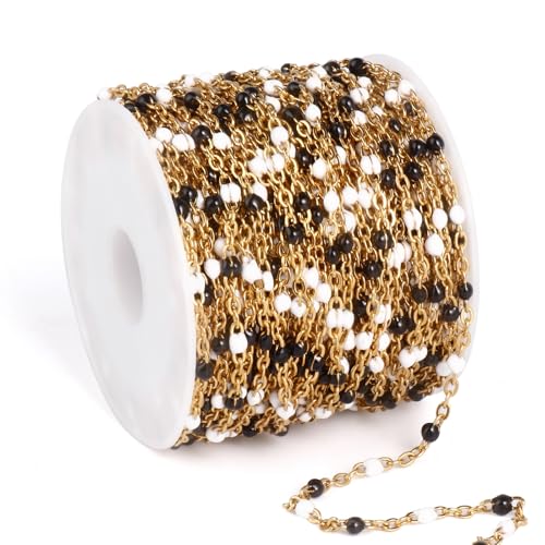 33 Feet Gold Enamel Chains Bulk, 2mm 18K Gold PVD Plated 304 Stainless Steel White Black Enamel Beaded Cable Link Chain Roll Spool for Jewelry Making - color: Gold White Black Beads