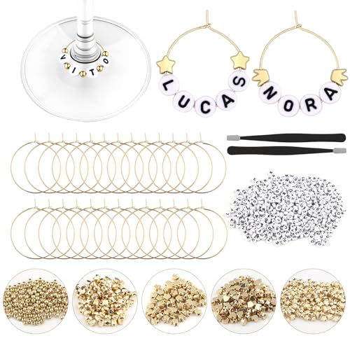 MOMOTONX 60 Set DIY Wine Glass Charms, 1040 Letter Beads 300 Gold Bead Charms 60 Rings for Stem Glasses, Personalized Wine Glass Markers Tags for Wedding Party Decorations (White & Black) - style: White & Black
