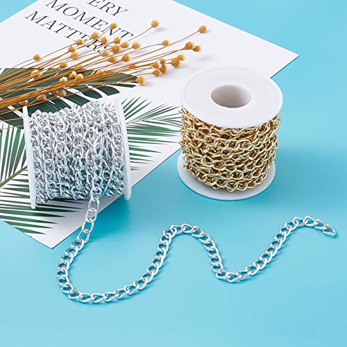 32.8 Feet Aluminum Curb Chains Gold Silver Twisted Links Cross Cable Chains with Spool Craftdady for Bracelet Necklace Earring Jewelry Making-2 Rolls, 10x6.5mm - color: Gold, Silver, 10x6.5mm