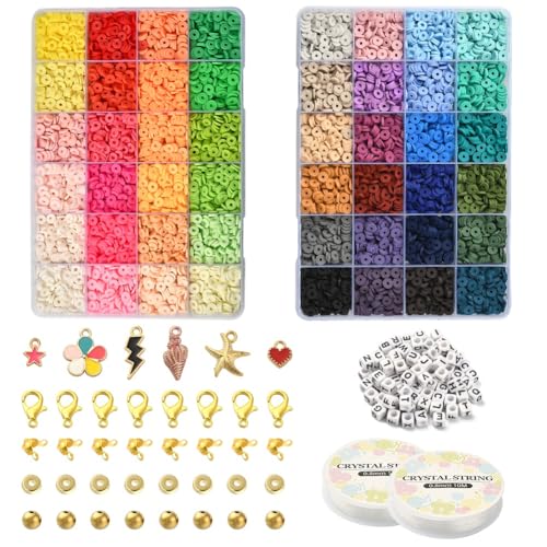 Echoed Elegance Clay Beads 2 Boxes Bracelet Making Kit, 7448 pcs Beads for Jewelry Making, Round Letter Beads with Charm and Elastic Strings, Friendship Bracelets Holiday Gifts for Girls Adults - color: Clay Beads Kit (2 Boxes with Accessories)-about 7448