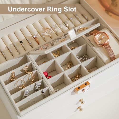 3 Layer Jewelry Box with Lock, Women Large Jewelry Holder Organizer with Drawer for Necklaces, Rings, Bracelets, Earrings, Watches, Valentines Gift for Mom Girl Wife(Creamy-white) - color: Creamy-white