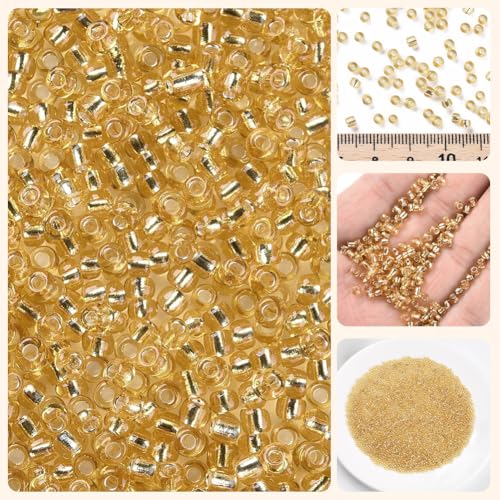 1 Box 3000pcs 3mm Gold Seed Glass Beads Round Mini Small Clear Golden Transparent Silver Lined Pony Loose Spacer Bead for Jewelry Making Friendship Bracelets Earrings DIY Crafts Supply