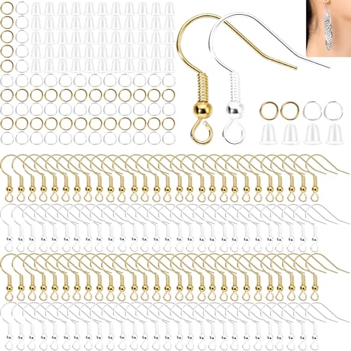 Hypoallergenic Earring Hooks, Ear Wires Fish Hooks, 600 Pcs Gold and Silver Earing Making Supplies Kit with Earring Backs and Jump Rings for DIY Jewelry Making (Gold+Silver) - color: Gold+SIlver