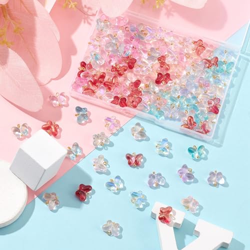 Ipotkitt 100 Pcs 5 Colors Baking Paint Glass Butterfly Charms with Glitter Powder Colorful Crystal Animal Charms for Earrings Bracelets Necklace DIY Craft Jewelry Making - color: 100pcs-Butterfly Charms-12x14x5.5mm