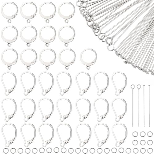 1 Box 180Pcs Stainless Steel Leverback Earring Hooks Earring Hook Making Kit with Loop Hypoallergenic Head Eye Pins Jump Rings No Tarnish Lever Back Earwire Clasps for Jewelry Making DIY - color: Silver