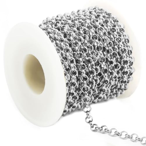 UniCrena 6mm Silver Rolo Chain Jewelry Making Supplies - 9.8ft 3m Link Chain Bulk for DIY Bracelet Hat Chains Decoration - color: Round Rolo_Silver, size: 6mm_3m/9.8ft