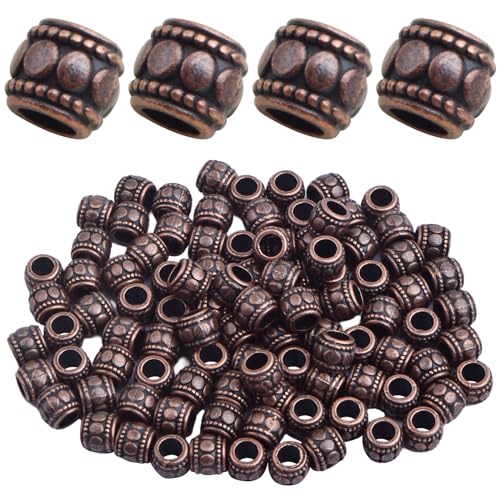 BronaGrand 100pcs Round Tube Spacer Beads Alloy Large Hole Column Beads Antique Red Copper Loose Charm Beads Accessories for DIY European Bracelet Necklace Jewelry Making, Hole: 4 mm - color: Red Copper
