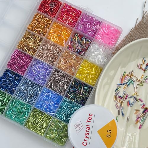 9600pcs Tube Beads Kit for Adults, Glass Bugle Seed Beads for Jewelry Making, Small Craft Bead for DIY Bracelet Necklaces Craft Making with Two Crystal String (7mm/24 Colors)