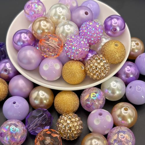 50PCS Bubblegum Beads 20mm，Large Beads for Jewelry Making，Round Circle Chunky Bead for Craft Pen Keychain Bracelets, beadable for Dog cat Collar Necklace (Mixed Gold/Purple/White) - color: Mixed gold/purple/white