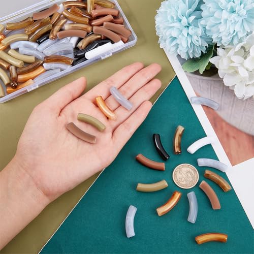 PH PandaHall 80pcs Opaque Acrylic Tube Beads, Curved Noodle Slide Beads Spacer Loose Bead Long Tube Charm Bead for DIY Bracelet Jewelry Making Craft Supplies, Hole: 1.8mm - color: Brown Color