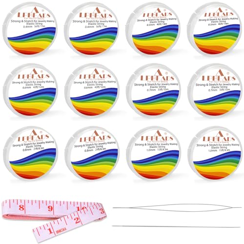 Elastic Bracelet String Cord, LPBeads 12 Rolls 6 Different Sizes Crystal Clear Stretchy Elastic Bead String for Bracelets, Jewelry Making and Clay Pony Seed Stone Beads with Beading Needles and Ruler