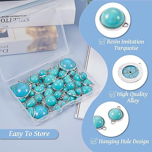 Pandahall 70Pcs Tibetan Style Teardrop Turquoise Connector Charms - Round Bohemian Earring Retro Antique Silver Western Link for DIY Boho Necklace Jewelry Making