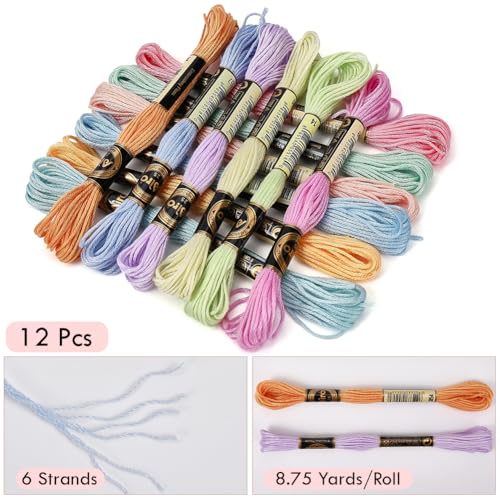 12 Skeins 105 Yards Embroidery Floss Cross Stitch Threads 6 Ply Variegated Macaroon Friendship Bracelet String Floss Threads Bulk for Jewelry Making Bracelet Knitting Stitching Craft Supply - color: Pastel Color
