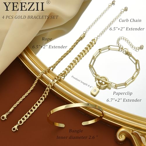 YEEZII Gold Hand Chain Bracelets for Women, 2 Pcs 14k Gold Plated Cubic Zirconia Link Chain Bracelet Set, Trendy ring bracelet hand chain Jewelry for Her - color: Gold-B