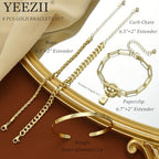 YEEZII Gold Hand Chain Bracelets for Women, 2 Pcs 14k Gold Plated Cubic Zirconia Link Chain Bracelet Set, Trendy ring bracelet hand chain Jewelry for Her - color: Gold-B