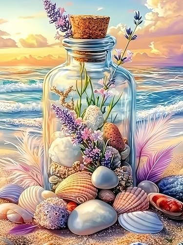 CHWGLFGG 5D Diamond Art Kits for Adults Beginners, Beach Seashell Bottle Diamond Painting Kits, DIY Full Round Drill Paint by Diamonds Dot Gem Art for Adults, Home Wall Decor 12x16 Inch - color: KM955-1