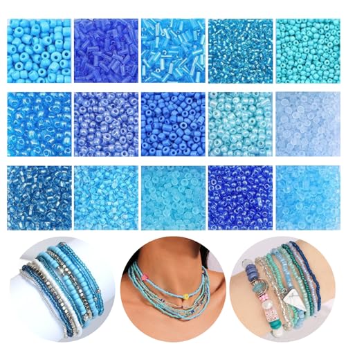 15 Color 4mm Small Assorted Glass Seed Beads,3mm Bugle Beads Friendship Bracelet Kit,2mm Tiny Tube Bead for Jewelry Making(Blue) - color: blue