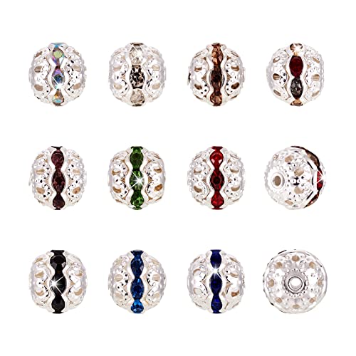 Craftdady 100pcs Alloy Rhinestone Disco Ball Rondelle Loose Spacer Beads 10mm Round Hollow Crystal Rhinestone Bracelet Connector Beads for Necklace Earring Jewelry Craft - color: Mixed Color-10mm