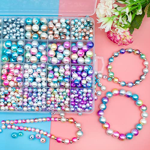 1150 pcs Gradient Mermaid Imitation Pearl Beads for Craft, Faux ABS Smooth Filler Rainbow Assorted Sizes 6mm 8mm 10mm Pearl Beads for DIY Jewelry Earrings Necklaces Bracelets Making