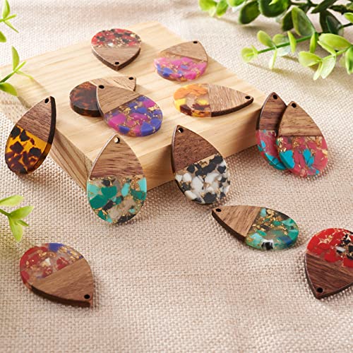 Beadthoven 16pcs/8 Pairs Resin Wood Teardrop Charms Earrings Pendants Mixed Colors Water Drop Shape Gold Foil Chips Wooden Pieces Pendants for Statement Jewelry Making Findings - color: Colorful Teardrop
