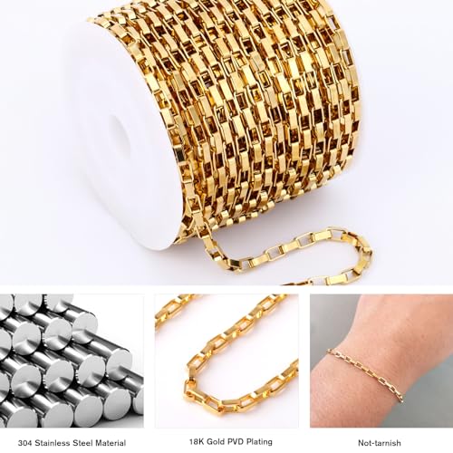 33 Feet 18K Gold PVD Plated Stainless Steel Box Chains Bulk, 2mm 304 Stainless Steel Chain Spool Square Link Box Chain Roll Bulk for Jewelry Making - color: 2MM Gold Square Box Chain