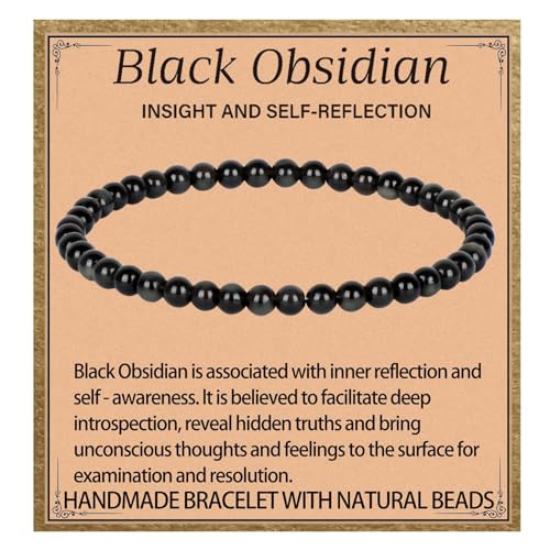 LPBeads Handmade Natural Gemstone Stretch Elastic Bracelet Healing Crystal Round Stone Beads Jewelry Gifts for Women Men - color: Black Obsidian, size: 4mm
