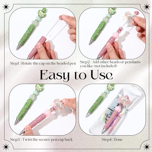 Tondiamo 45 Pcs Full Rhinestone Beadable Pens Bulk Set 15 Glitter Diamond Pens with Cards & Bags Fancy Beaded Pen for Beads DIY Cute Journalling Bling Ballpoint Craft Making(Full Diamond) - style: Full Diamond