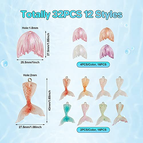 Fashewelry 32pcs Transparent Mermaid Tail Charms Resin Fishtail Pendants with Glitter Powder & AB Color Acrylic Ocean Sea Animal Charms for Necklace Earring Bracelet Hawaii Style Jewelry Making - color: Mixed Color Mermaid Tail