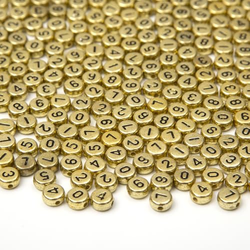1000pcs Acrylic Number Beads 0-9 Round Number Beads 4x7mm Mixed Number Beads for Jewelry Making and DIY Bracelets, Necklaces, Key Chains (Gold) - color: Gold
