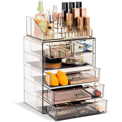 Sorbus Acrylic Makeup Organizer Set, 6-Drawer Vanity & Countertop Cosmetic Storage with Small & Wide Compartments, Black-Tint Makeup Storage for Brushes, Jewelry – Holiday Gift for Women & Teens - color: Black Jewel, size: 4 Large, 2 Small Drawers