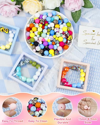 100PCS FIVEIZERO Silicone Beads for Keychain Making, 9mm & 15mm Yellow Green Mixed 5 Colors Silicone Focal Beads for Bracelets, Beadable Pens and DIY Crafts - color: Yellow Green